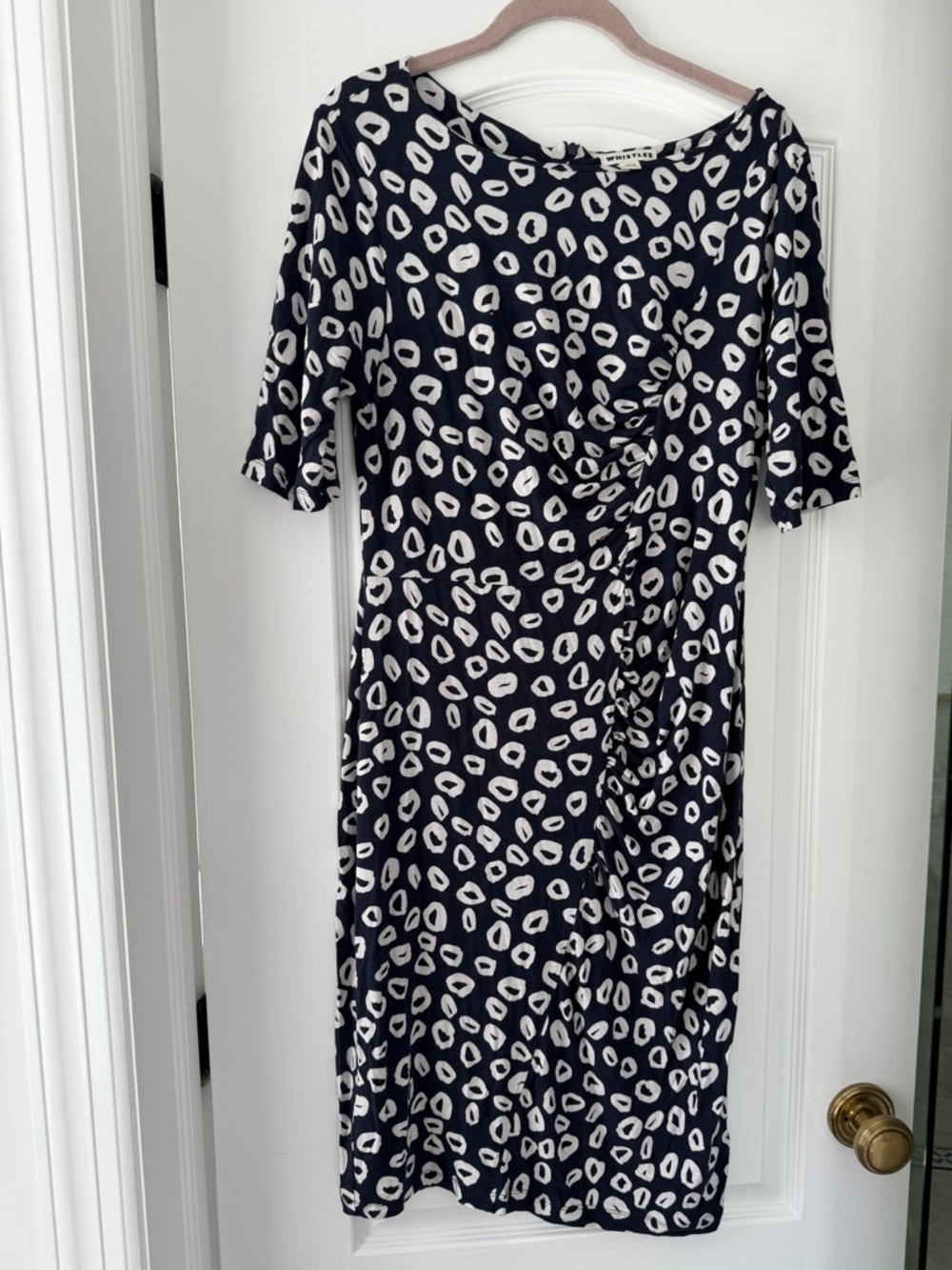 Whistles Navy Abstract Spot Ruched Dress Size 12 UK 16 Stretch Jersey Sheath - Picture 2 of 7